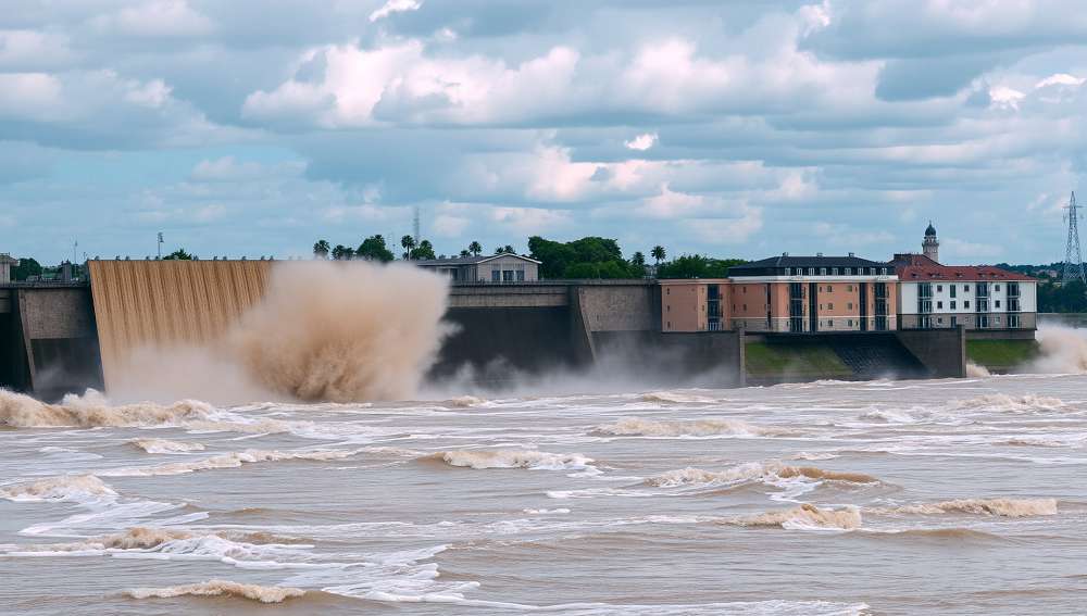 Cybersecurity Floodgates with Water and Buildings in Background.